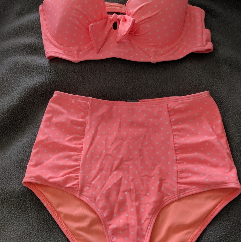 Vintage feel two piece swim suit pink w/white dots